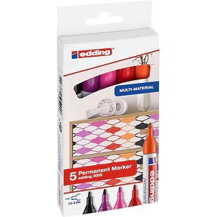 Edding 3000 Pack de 5 Rotuladores Permanentes Colores Calidos - Punta Redonda de 1.5mm - Trazo entre 1.5 y 3mm - Recargable - Secado Rapido - Colores 