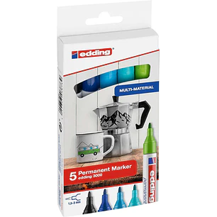 Edding 3000 Pack de 5 Rotuladores Permanentes Colores Frios - Punta Redonda de 1.5mm - Trazo entre 1.5 y 3mm - Recargable - Secado Rapido - Colores Su