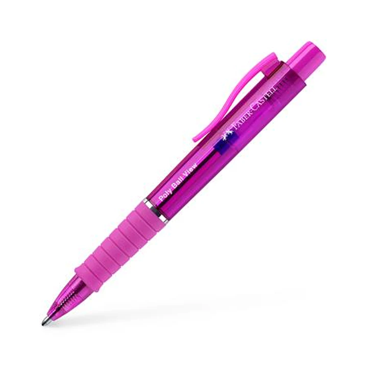 Faber-Castell Poly Ball View Aurora Colours Boligrafo Retractil XB - Cuerpo Translucido - Grip de Agarre - Tinta Azul - Color Fucsia 1