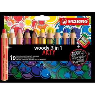 Stabilo Woody 3 en 1 Arty Pack de 10 Lapices de Colores + Sacapuntas - Lapiz de Color, Cera y Acuarela, Todo en Uno - Mina XXL 10mm - Colores Surtidos