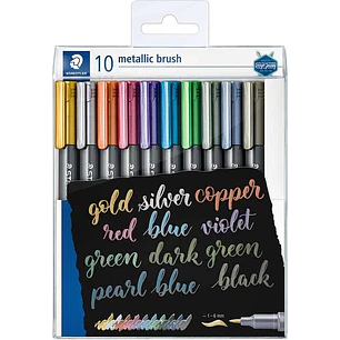 Staedtler Pack de 10 Rotuladores Permanentes - Punta Pincel - Trazo 1-6mm Aprox - Capuchon con Clip - Colores Metalicos Surtidos
