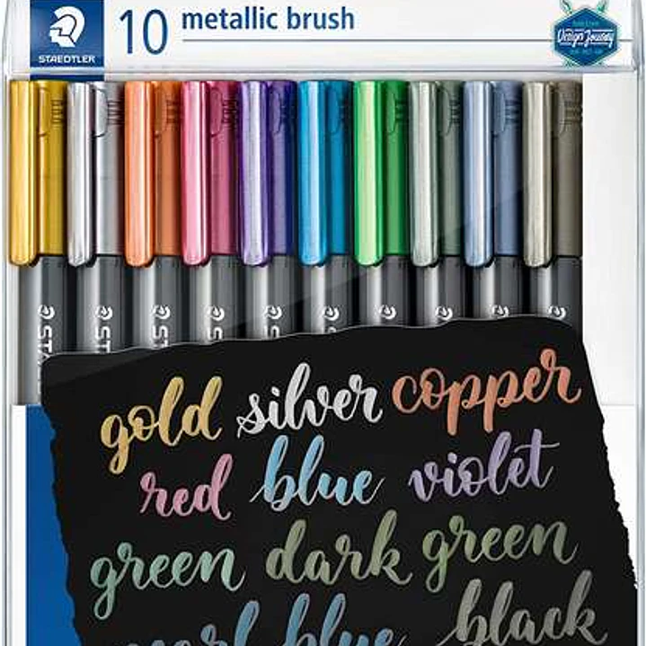 Staedtler Pack de 10 Rotuladores Permanentes - Punta Pincel - Trazo 1-6mm Aprox - Capuchon con Clip - Colores Metalicos Surtidos 1