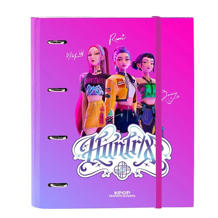 Safta K-Pop Demon Hunters Carpeta de 4 Anillas de 35mm - Recambio de 100 Hojas A4 - Cuadricula de 5x5mm - 80g/m2 - Separadores Internos - Goma Elastic 1