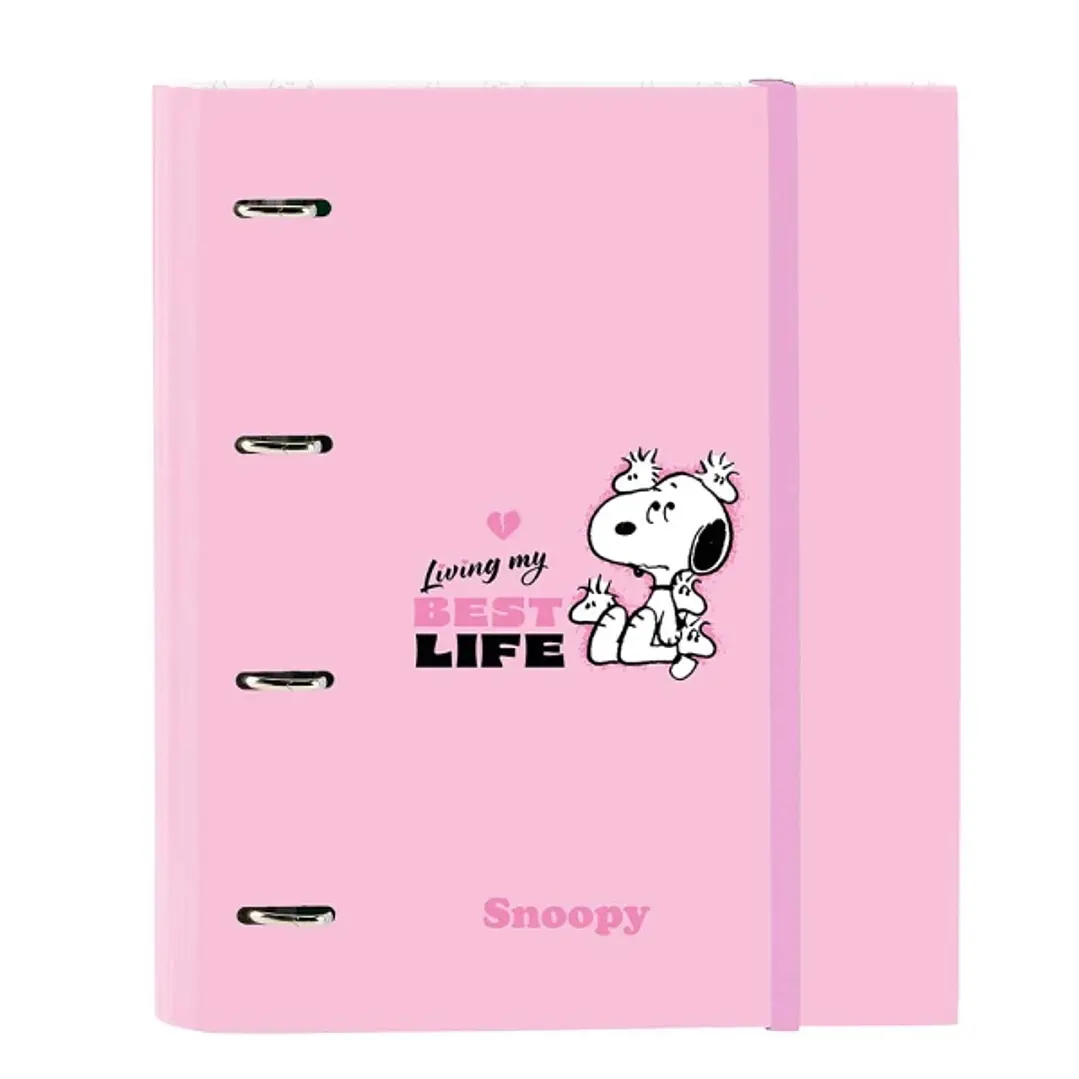 Safta Snoopy Carpeta de 4 Anillas de 35mm - Recambio de 100 Hojas A4 - Cuadricula de 5x5mm - 80g/m2 - Separadores Internos - Goma Elastica - 27x32x3.5 1
