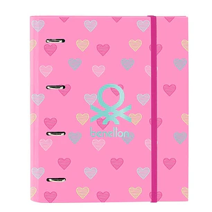 Safta Benetton Heart Carpeta con 4 Anillas 35mm - Tapas Duras Forradas - Recambio 100 Hojas - Cierre Elastico - Incluye Separadores - Cuadricula 5x5mm