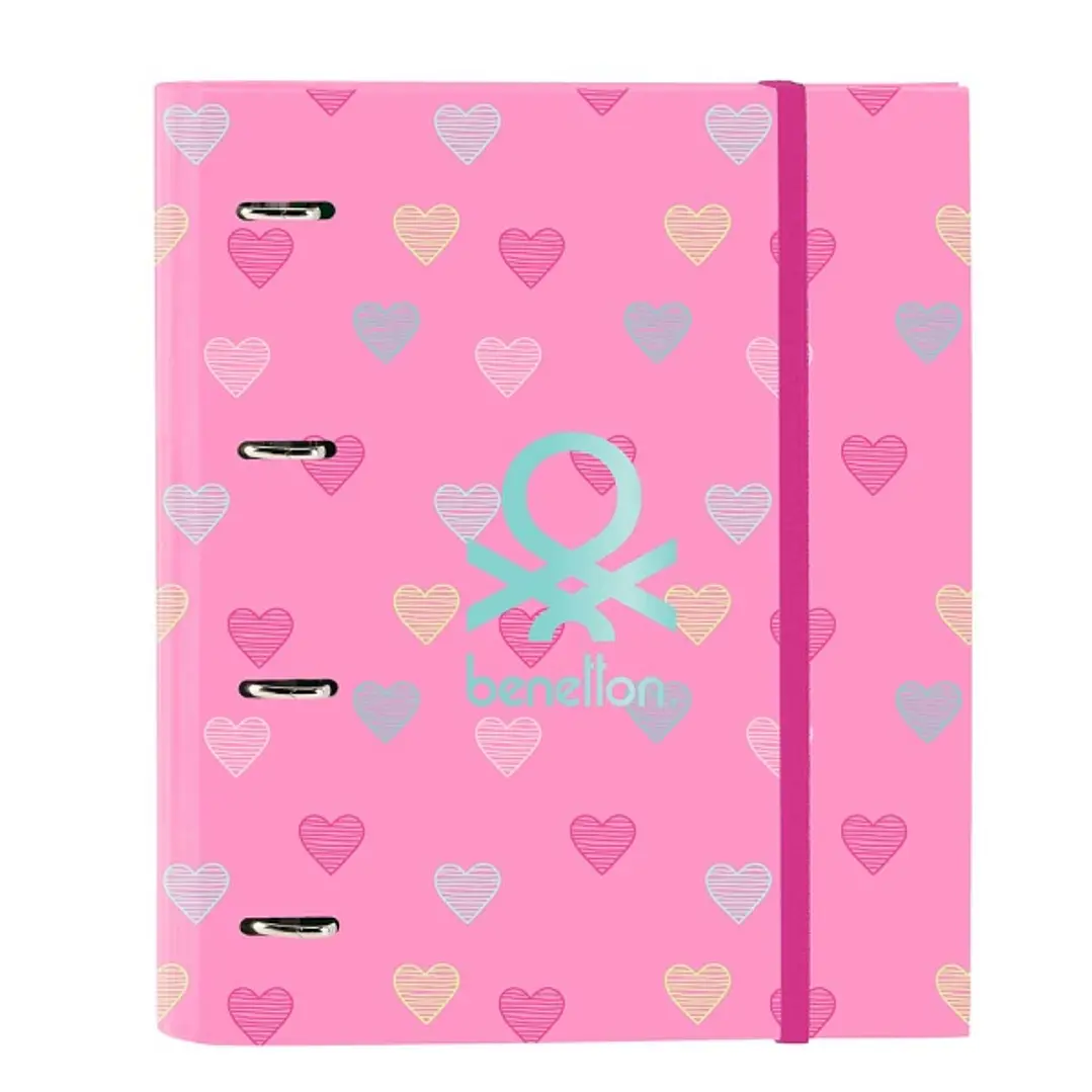 Safta Benetton Heart Carpeta con 4 Anillas 35mm - Tapas Duras Forradas - Recambio 100 Hojas - Cierre Elastico - Incluye Separadores - Cuadricula 5x5mm 1