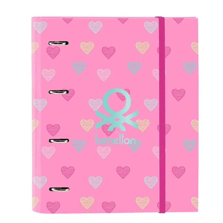 Safta Benetton Heart Carpeta con 4 Anillas 35mm - Tapas Duras Forradas - Recambio 100 Hojas - Cierre Elastico - Incluye Separadores - Cuadricula 5x5mm 1