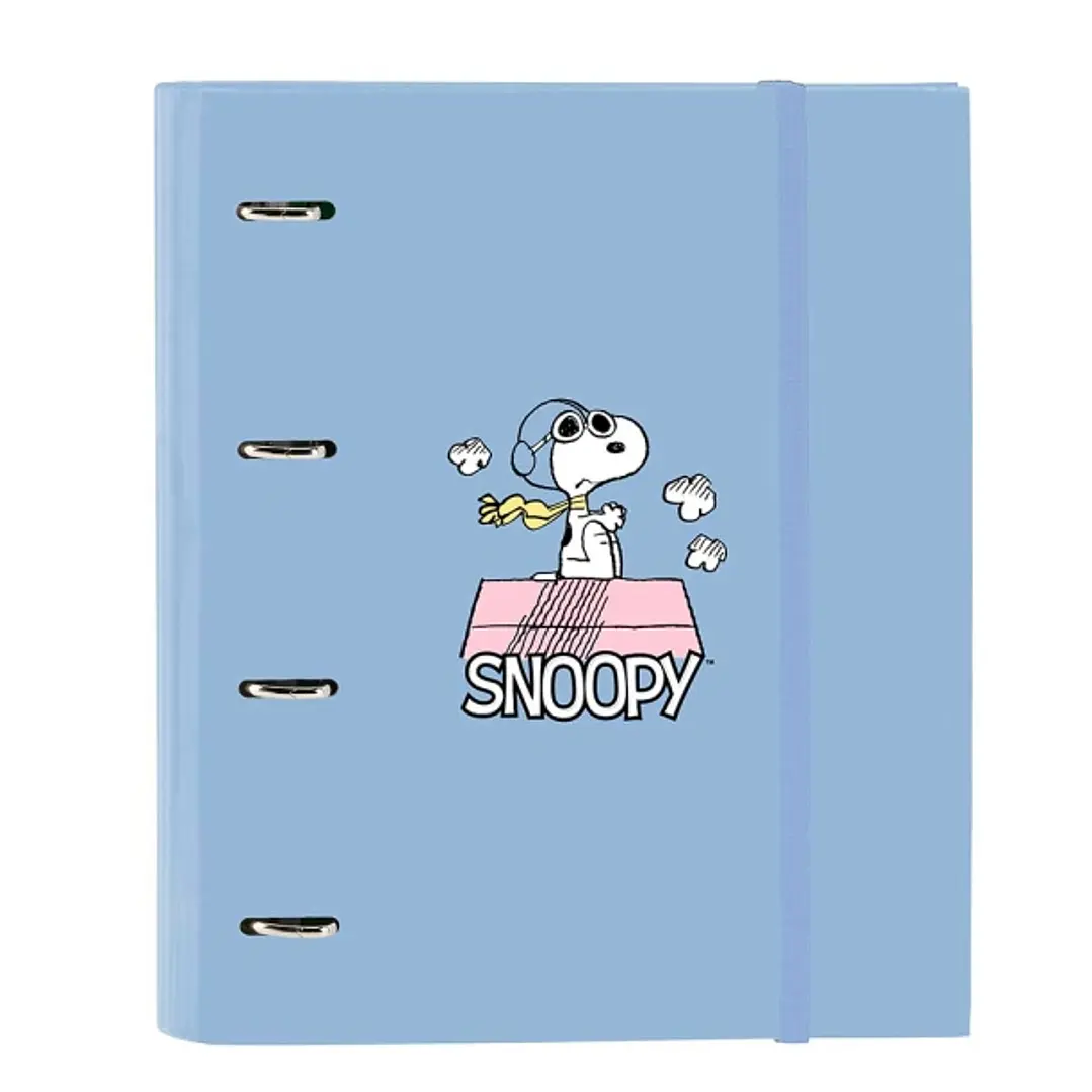 Safta Snoopy Carpeta con 4 Anillas 35mm - Tapas Duras Forradas - Recambio 100 Hojas - Cuadriculas 5x5mm - Cierre Elastico - Incluye Separadores - 270x 1