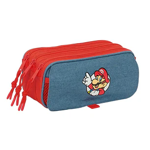 Safta Super Mario Portatodo - 3 Compartimentos con Cremallera - Cinta Trasera Adaptable - Bolsillo Frontal de Rejilla con Velcro - 21.5x10x8cm - Color