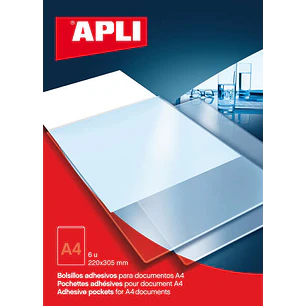 Apli Bolsillos Adhesivos A4 - Bolsa con 6 Bolsillos - Ideal para Carpesanos, Carpetas y Libros - Añade Un Bolsillo Adicional para Documentos e Imagene