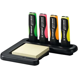Stabilo Green Boss Set de Mesa de 4 Marcadores Fluorescentes 83% Plastico Reciclado + Bloc de Notas Adhesivas 100% Papel Reciclado - Set Fabricado 98%