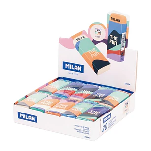 Milan The Fun Nata 320 Expositor con 20 Goma de Borrar Rectangular - Caucho Sintetico - Envuelta Individualmente - Faja y Goma de Varios Colores