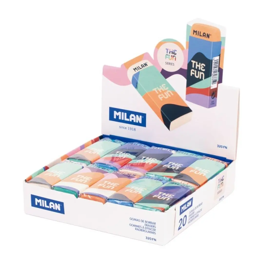 Milan The Fun Nata 320 Expositor con 20 Goma de Borrar Rectangular - Caucho Sintetico - Envuelta Individualmente - Faja y Goma de Varios Colores 1
