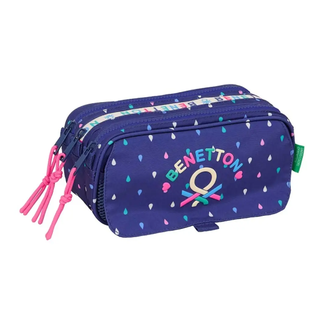 Safta Benetton Drop Portatodo - 3 Compartimentos con Cremalleras - Bolsillo Frontal - Cinta Adaptable - 1.72L - 215x80x100mm - Color Azul Oscuro 1