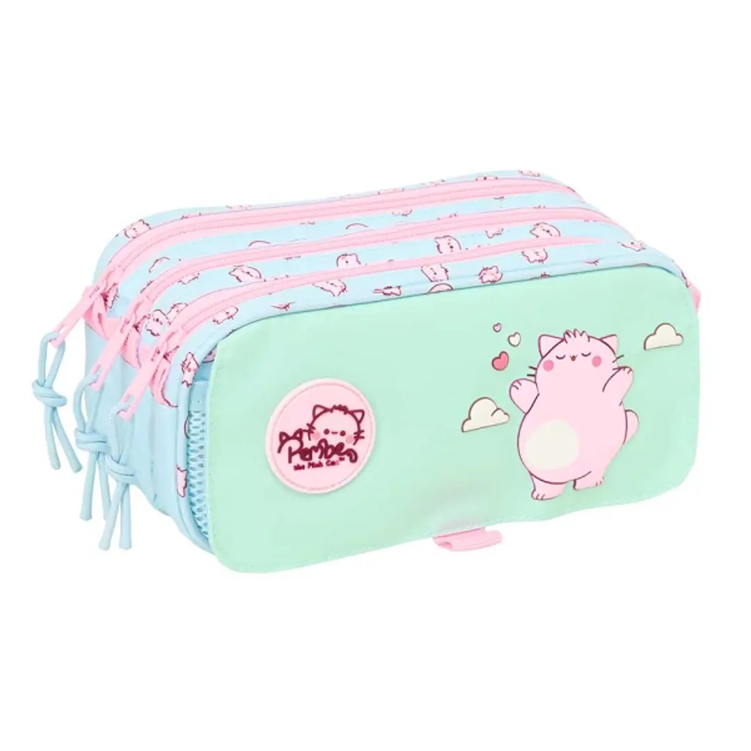 Safta Pembe The Pink Cat Portatodo - 3 Compartimentos con Cremalleras - Bolsillo Frontal - Cinta Adaptable - 1.72L - 215x80x100mm - Color Menta 1