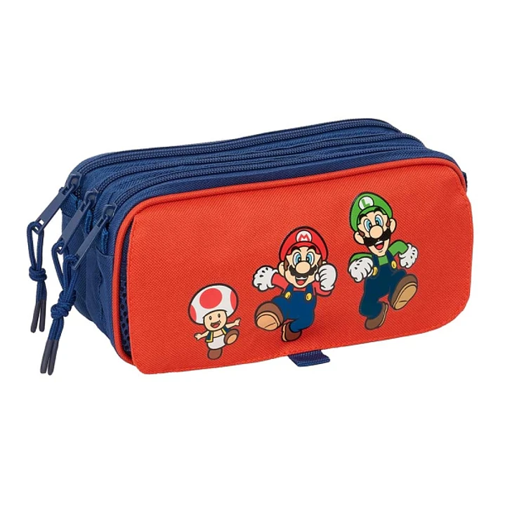 Safta Super Mario Mamma Mia Portatodo - 3 Compartimentos con Cremalleras - Bolsillo Frontal - Cinta Adaptable - 1.72L - 215x80x100mm - Color Rojo y Az 1