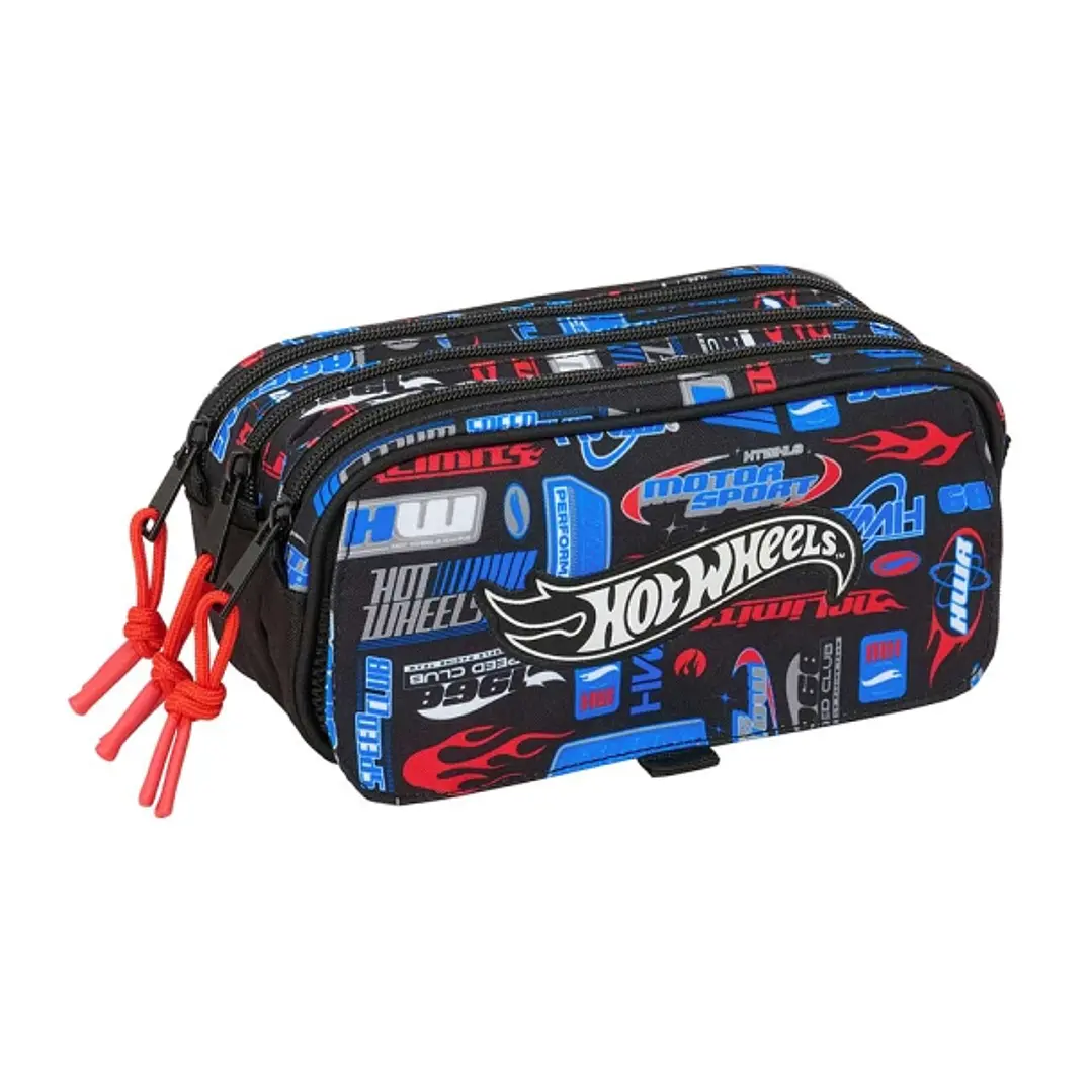 Safta Hot Wheels Portatodo - 3 Compartimentos con Cremalleras - Bolsillo Frontal - Cinta Adaptable - 1.72L - 215x80x100mm - Color Azul 1