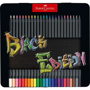 Faber-Castell Black Edition Caja Metalica de 24 Lapices de Colores - Mina Supersuave - Madera Negra - Ideales para Dibujo sobre Papel Claro, Oscuro y 