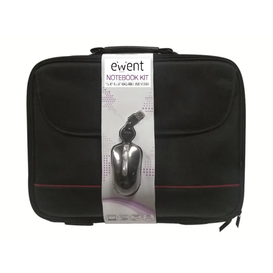 Ewent Maletin para Portatil 15.6” - Incluye Raton Optico USB - Asa de Mano - Correa Ajustable - Poliester - Color Negro/Rojo 1