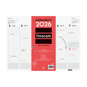 Finocam Vade Protector de Escritorio - Anual 2026 - Encolado - 420x7x310mm - Semana Vista en Vertical - Color Blanco y Rojo