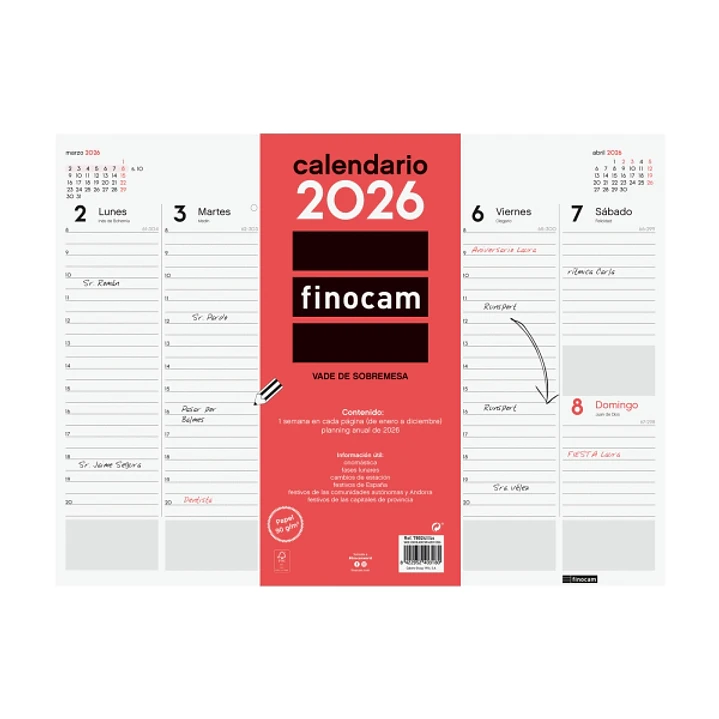 Finocam Vade Protector de Escritorio - Anual 2026 - Encolado - 420x7x310mm - Semana Vista en Vertical - Color Blanco y Rojo 1
