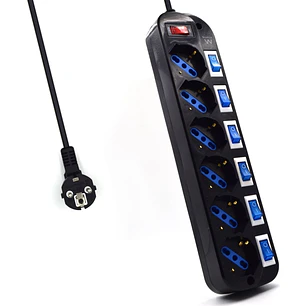 Ewent Regleta de 6 Tomas de Seguridad - 6x Schuko 16A - Proteccion contra Sobretension - Interruptor On/Off General e Individuales - Proteccion Infant