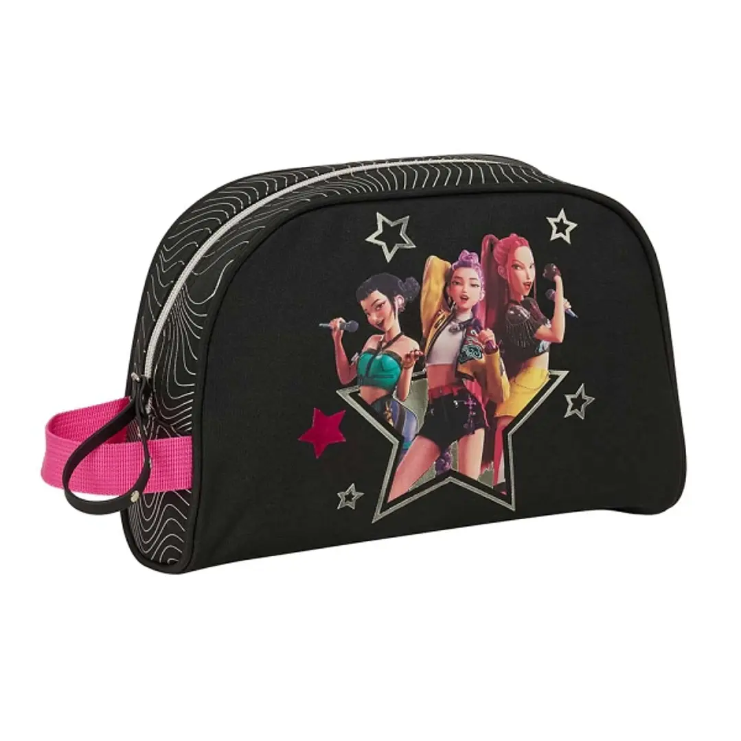 Safta K-Pop Demon Hunters Energy Neceser - Adaptable a Carro - Asa de Mano Lateral - Bolsillo Interior con Cremallera - 28x18x10cm - Color Negro y Ros 1