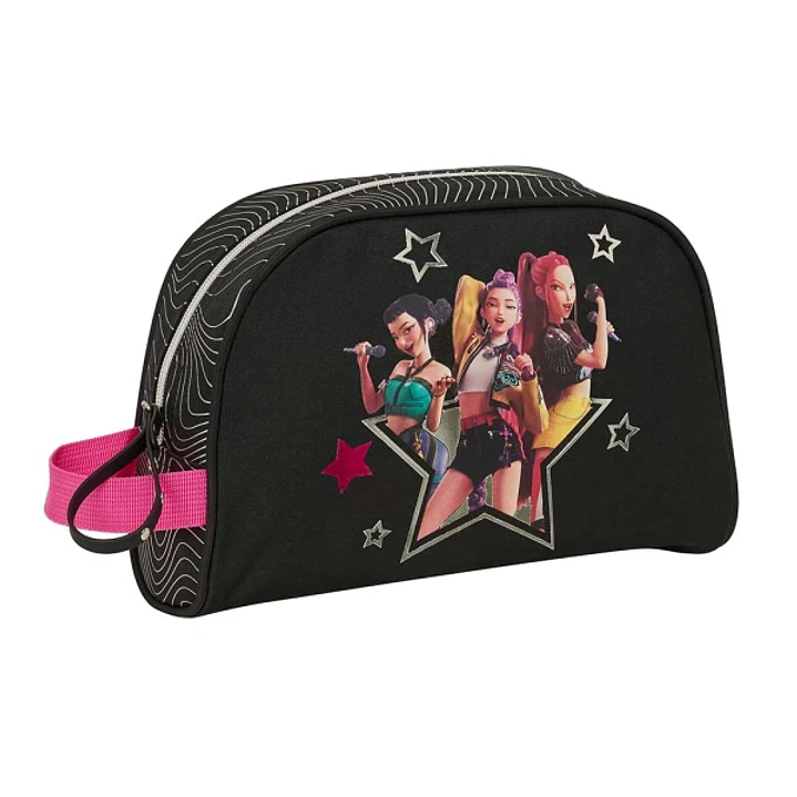 Safta K-Pop Demon Hunters Energy Neceser - Adaptable a Carro - Asa de Mano Lateral - Bolsillo Interior con Cremallera - 28x18x10cm - Color Negro y Ros 1