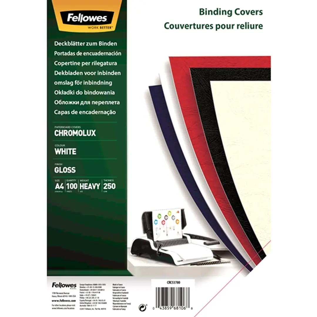 Fellowes Pack de 100 Papel para Contraportada de Documento - A4 - Acabado en Brillo - 250 grs - Certificacion FSC 1