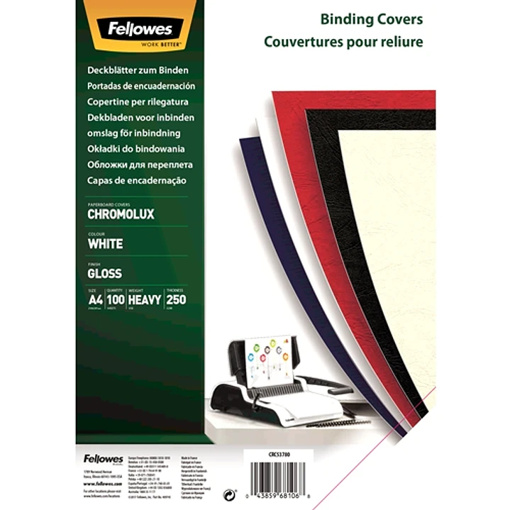 Fellowes Pack de 100 Papel para Contraportada de Documento - A4 - Acabado en Brillo - 250 grs - Certificacion FSC 1