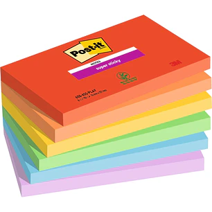 Post-It Super Sticky Pack de 6 Blocs de 90 Notas Adhesivas Reposicionables - Forma Rectangular - 127x76mm - Colores Surtidos