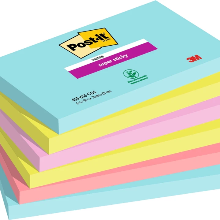 Post-It Super Sticky Pack de 6 Blocs de 90 Notas Adhesivas Reposicionables - Forma Rectangular - Colores Surtidos 1