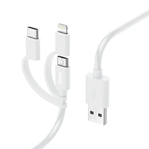Hama Cable de Carga USB 3 en 1 - Terminales Intercambiables - Longitud 1m- USB-A - USB-C - Micro-USB - Lightning - Velocidad hasta 480Mbps - Niquelado