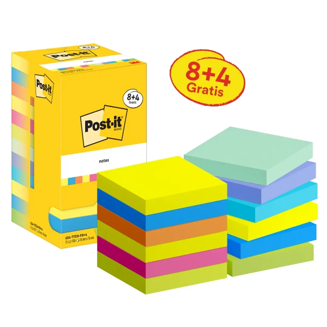 Post-It Pack de 12 Blocs de 90 Notas Adhesivas Reposicionables - Forma Cuadrada - 76x76mm - Colores Surtidos 1