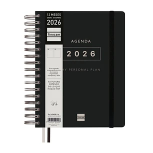 Finocam Tempus Agenda de Espiral - Anual 2026 - Tapa Extradura - Cierre de Goma - Formato 1/4 - 157x217mm - 1 Dia por Pagina - Color Negro