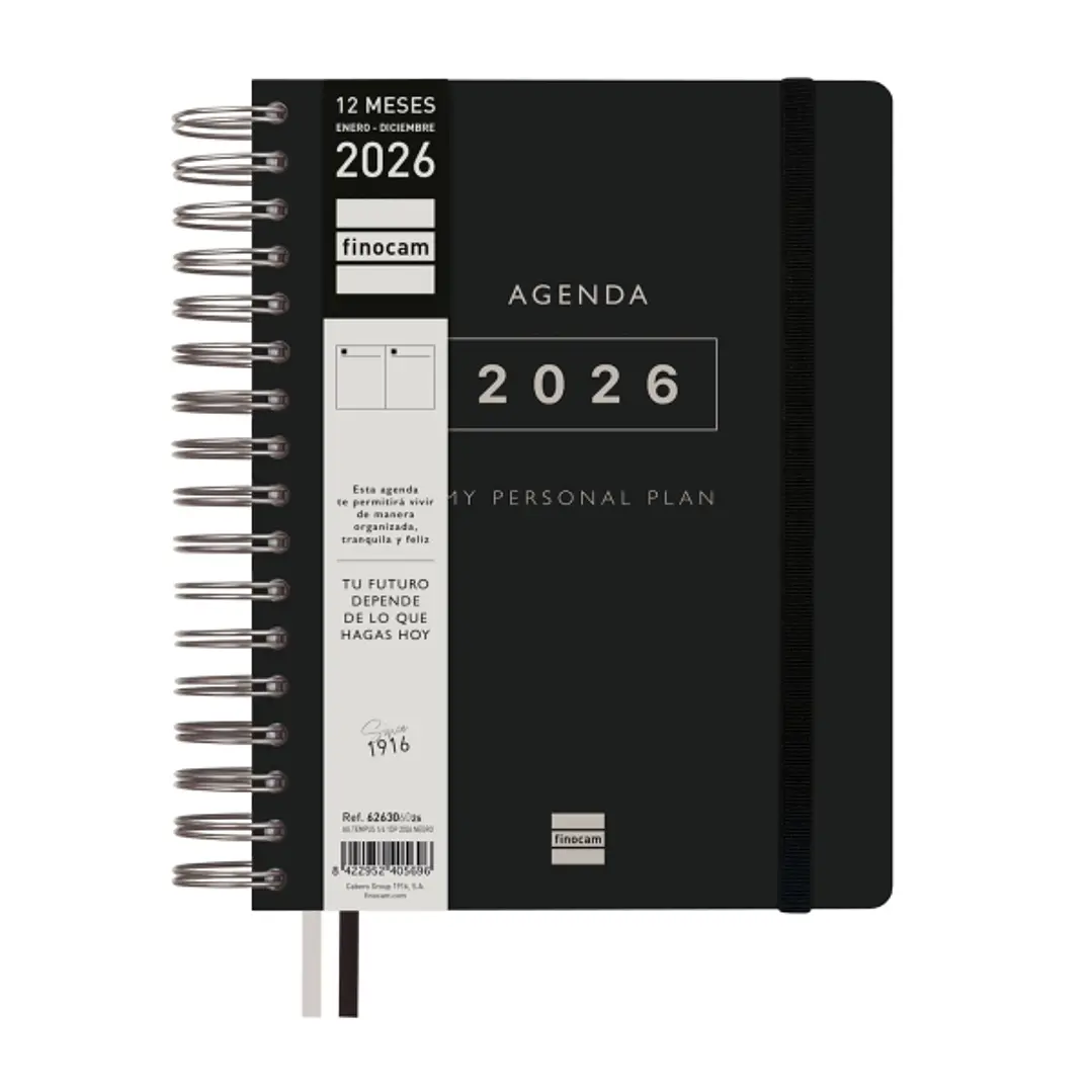 Finocam Tempus Agenda de Espiral - Anual 2026 - Tapa Extradura - Cierre de Goma - Formato 1/4 - 157x217mm - 1 Dia por Pagina - Color Negro 1