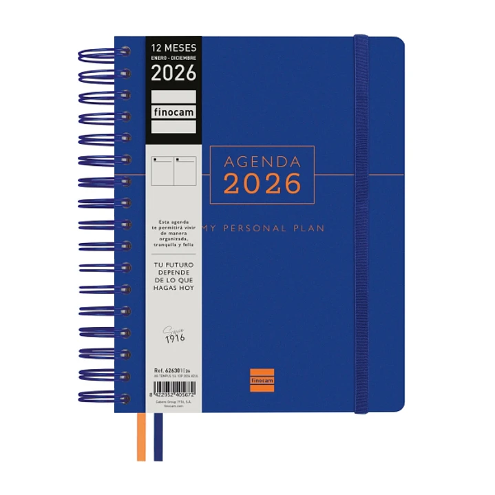 Finocam Tempus Agenda de Espiral - Anual 2026 - Tapa Extradura - Cierre de Goma - Formato 1/4 - 157x217mm - 1 Dia por Pagina - Color Azul 1