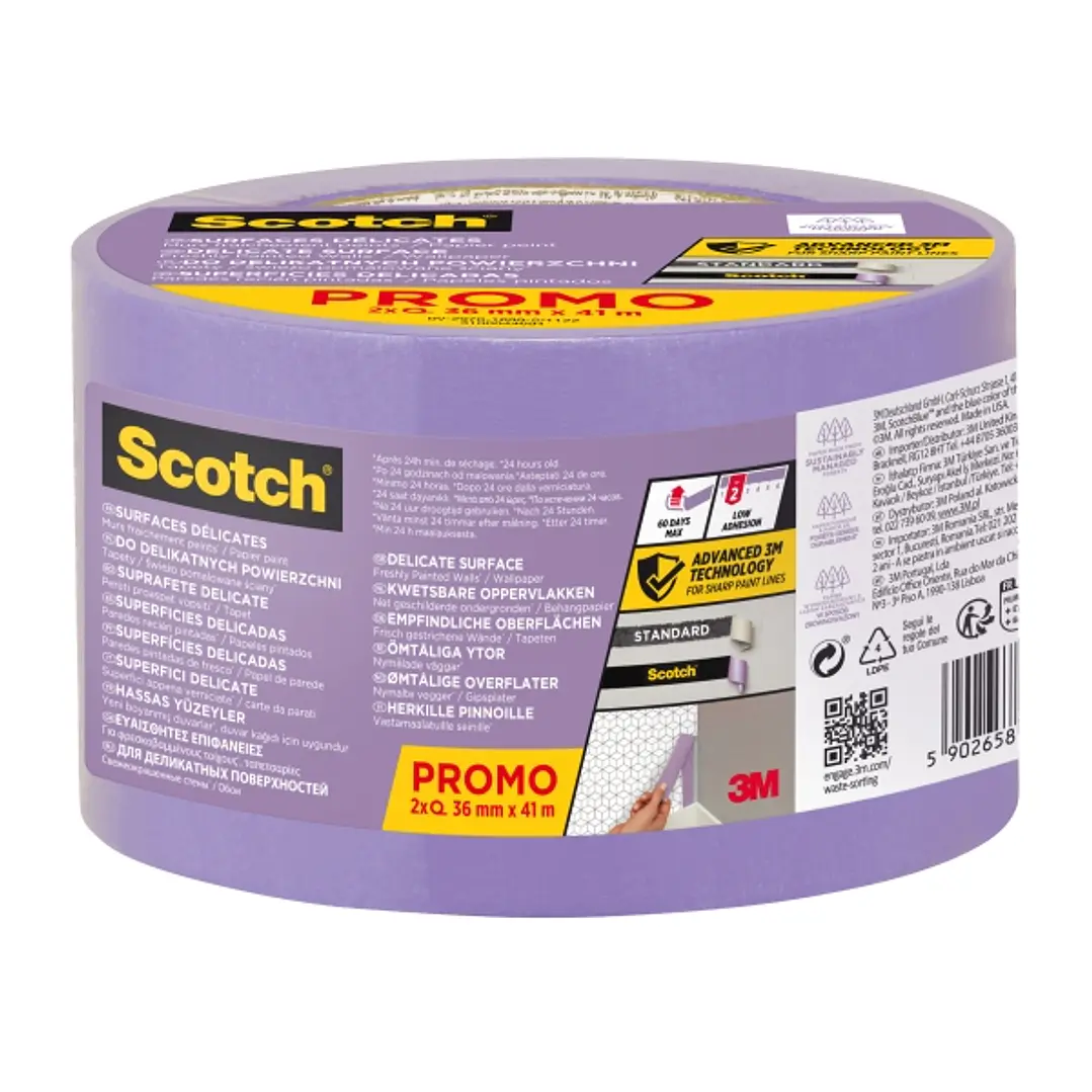 Scotchblue Pack de 2 Cintas de Enmascarar para Superficies Delicadas - 36mm x 41m - 100% PEFC - Color Morado 1