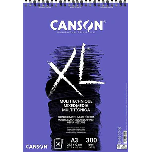 Canson Xl Mix Media Bloc de Dibujo Acuarela de 30 Hojas A3 - Grano Texturado - Microperforado Espiral - 21x29.7cm - 300g - Color Blanco