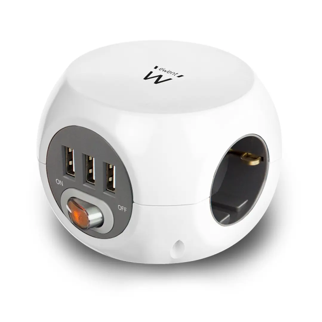 Ewent Regleta con 6 Tomas de Sobremesa - 3x Schuko 16A - 3x USB-A - Interruptor On/Off - Cable de 1.5m - Forma de Cubo - Color Blanco/Gris 1