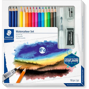 Staedtler Watercolour Set Design Journey Pack con 12 Lapices de Colores Surtidos Acuarelables, 3 Lapices Mars Lumograph Acuarelables, Borrador Artisti