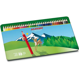 Alpino Caja Metalica con 36 Lapices de Colores Hexagonales - Mina de 3mm - Resistente a la Rotura - Bandeja Extraible - Colores Surtidos