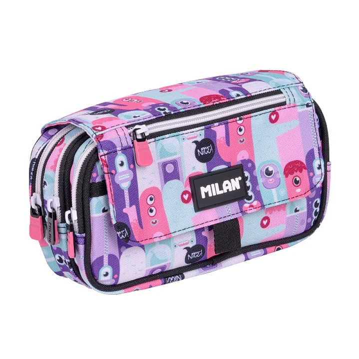 Milan Aliens 2 Estuche Portatodo con Solapa - Cremallera - 4 Compartimentos - 13x24x10cm - Color Rosa 1
