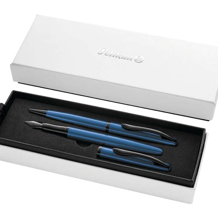 Pelikan Jazz Noble Set de Boligrafo y Estilografica - Cuerpo Satinado con Detalles Cromados - Incluye Estuche de Regalo - Color Aguamarina 1