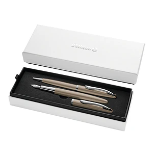 Pelikan Jazz Noble Set de Boligrafo y Estilografica - Cuerpo Satinado con Detalles Cromados - Incluye Estuche de Regalo - Color Pardo
