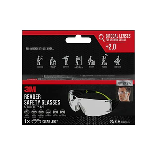 3M Securefit Gafas de Seguridad Graduadas - Bifocales - +2.0 Dioptrias - Antivaho - Antirrayaduras - Lente Incolora - Proteccion UV - Color Transparen