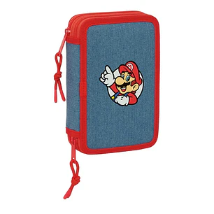 Safta Super Mario Plumier de 2 Pisos - 29 Piezas - Goma - Lapiz - 2 Boligrafos - Sacapuntas - 10 Colores - 14 Rotuladores - 12.5x19.5x4cm - Color Rojo