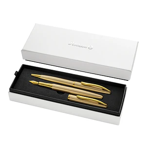 Pelikan Jazz Noble Set de Boligrafo y Estilografica - Cuerpo Satinado con Detalles Cromados - Incluye Estuche de Regalo - Color Oro