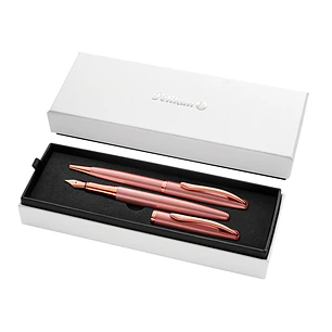 Pelikan Jazz Noble Set de Boligrafo y Estilografica - Cuerpo Satinado con Detalles Cromados - Incluye Estuche de Regalo - Color Rosa