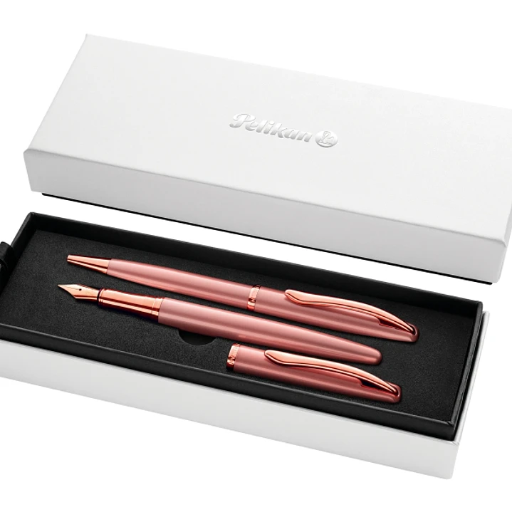 Pelikan Jazz Noble Set de Boligrafo y Estilografica - Cuerpo Satinado con Detalles Cromados - Incluye Estuche de Regalo - Color Rosa 1